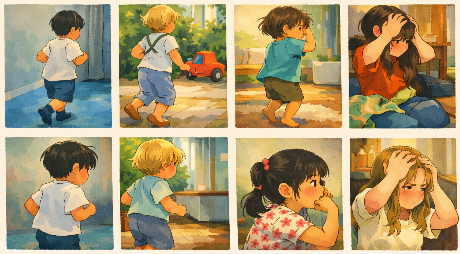 Illustrated vignettes of children in everyday situations, including safety relevant moments such as wandering outdoors, reaching toward water, and signs of distress