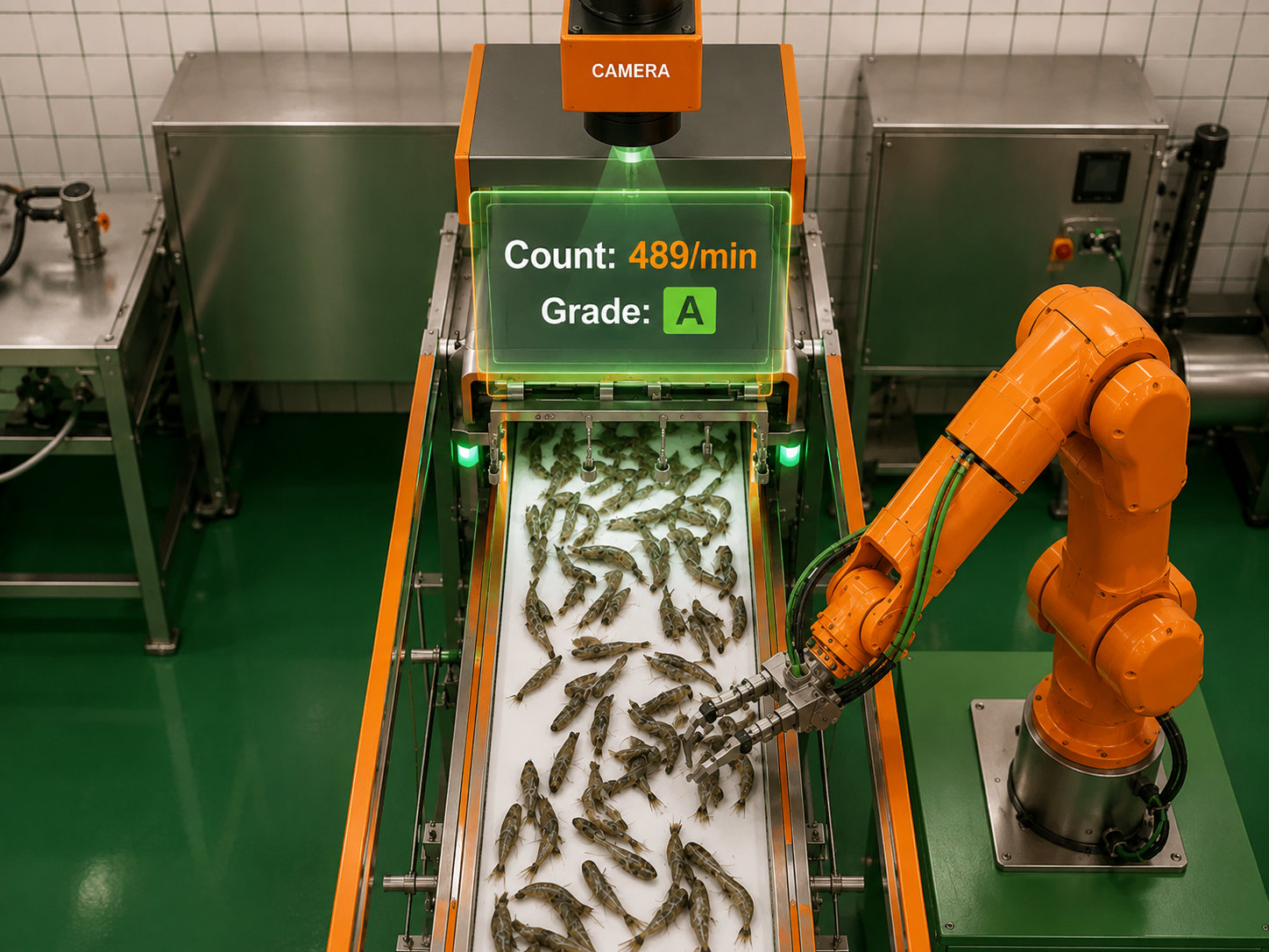 A shrimp grading line with an overhead camera reading count per minute and grade while a robotic arm removes rejects from the belt